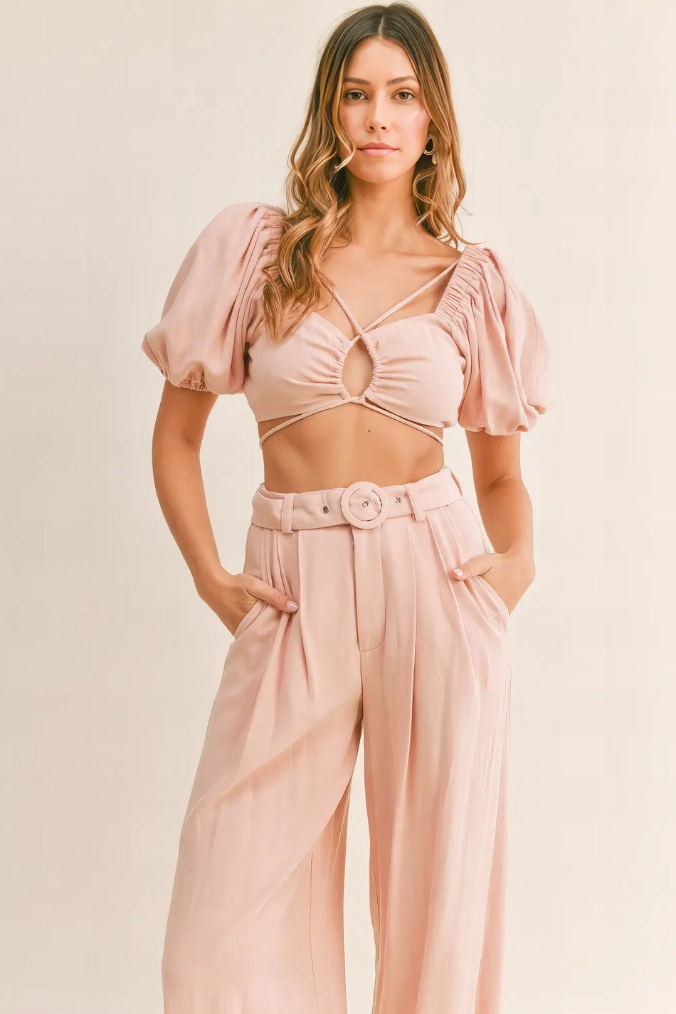 PinkBliss Cut Out Crop Top & Belted Pants
